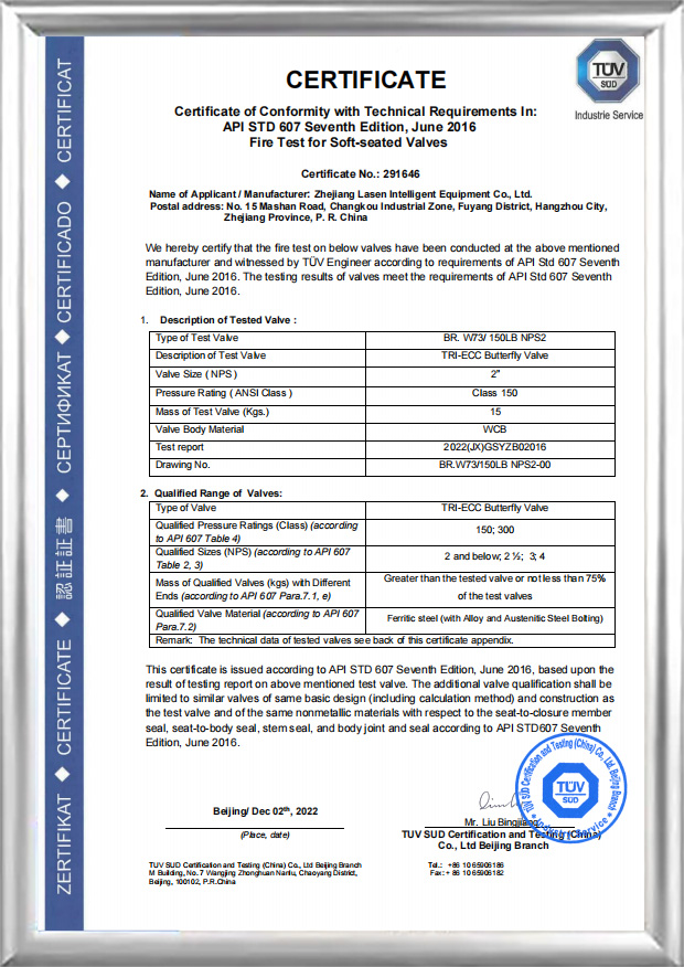 Požiarna certifikácia API607（BR.W73/150LB NPS2）