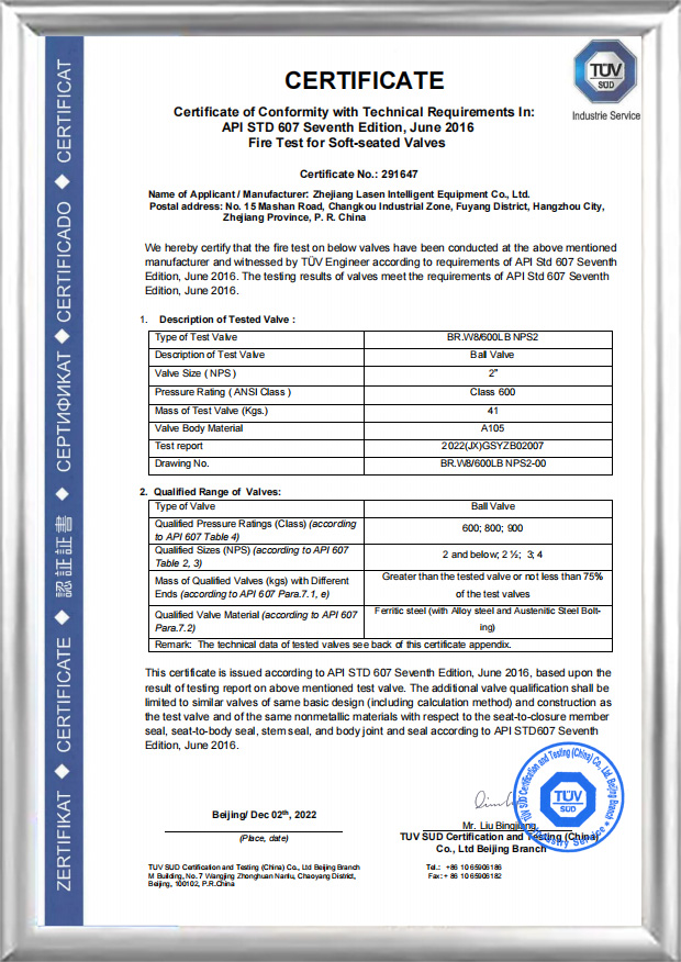 Požiarna certifikácia API 607 ​​(BR.W8/600 LB NPS2)