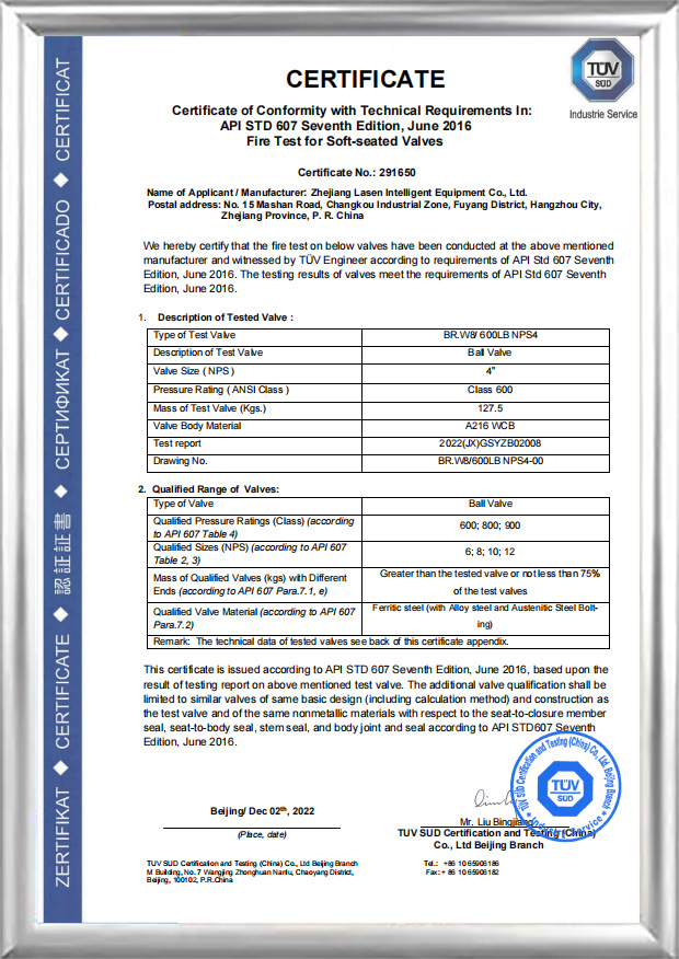 Požiarna certifikácia API607（BR.W8/ 600LB NPS4）